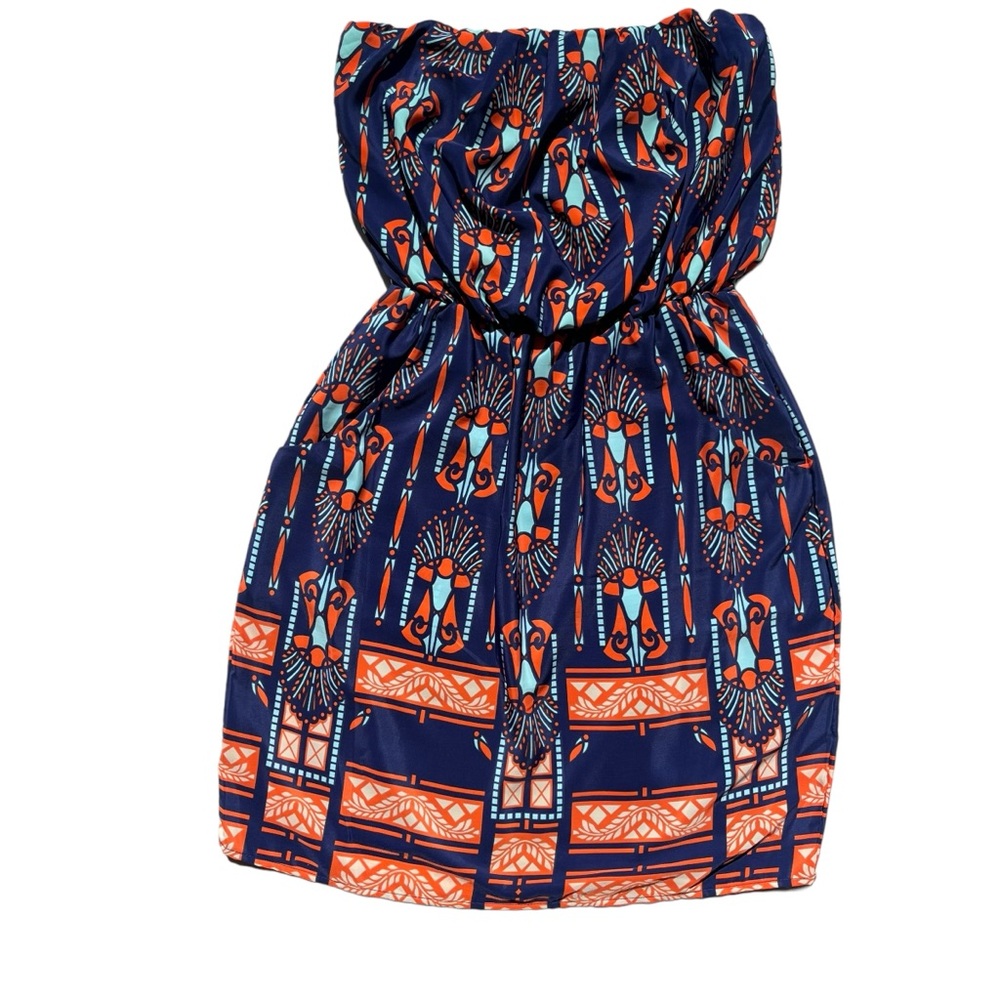 Buttons Women’s Size Small Navy Orange Teal Strapless, Abstract Print Mini Dress